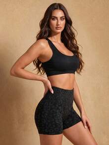 Silquee Ribbed Knit Crisscross Back Crop Sports Tank Top - Black - View 1