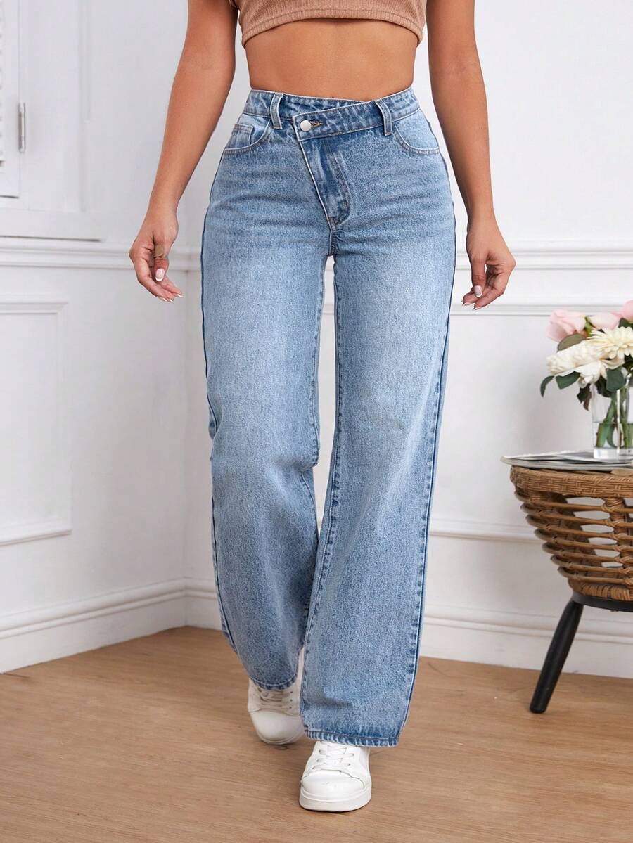 SHEIN Damen-Jeans in großen Größen mit asymmetrischem Bund, Taschen, geradem Bein, lässig locker geschnitten, vielseitig, aus Denim, in Blau, für formelle Anlässe und Urlaub im Sommer - Blau - Übersicht 1