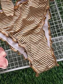 Swim Mod 極簡性感風粉色荷葉邊綁帶兩件式比基尼泳衣，甜美荷葉邊女款溫泉度假比基尼 - 咖啡棕 - 查看 4