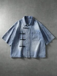 ROMWE MEN Street Life Casual Chinese Style Men's Versatile Denim Top - Blue - View 1