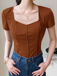 Feyla Women's Summer Casual Elegant Versatile Solid Color Short Sleeve T-Shirt Office Shades Of Brown - Brown - View 4