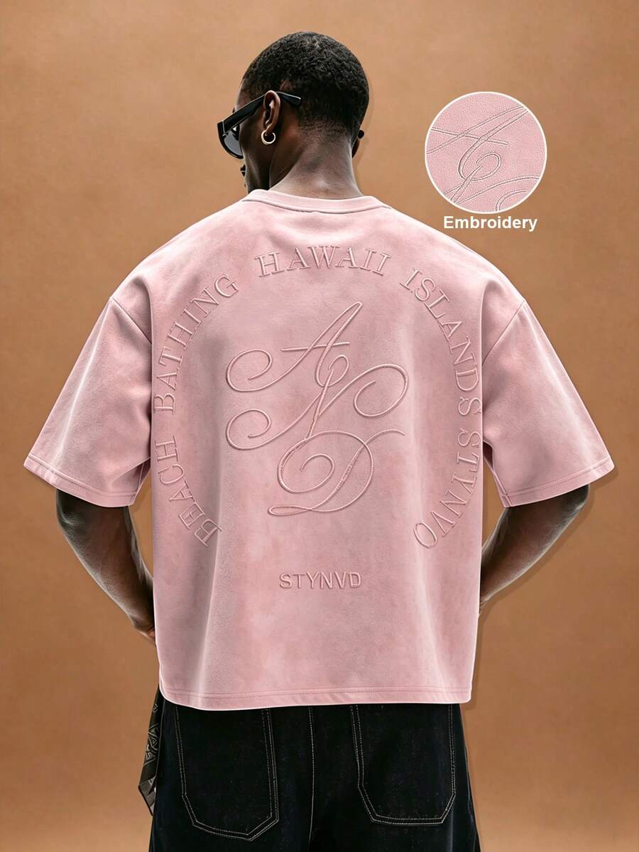 STYNVO 男士夏季休閒字母刺繡T恤 - 淺粉色 - 查看 1