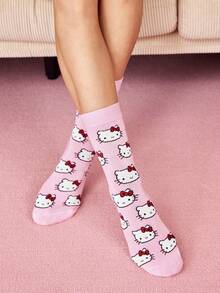 HELLO KITTY AND FRIENDS | SHEIN Breathable Sweat-Absorbing Women's Medium Tube Socks 1 Pair - Pink - View 4