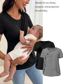 Modmama 孕妇两件套休闲哺乳T恤，简约时尚，适合日常穿着 - 黑與白 - 查看 2
