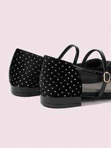 CUCCOO DOLLMOD Women's Rhinestone Mesh Mary Jane Adjustable Buckle Square Toe Low Block Heel Elegant Black Flats - Black 1 - View 6