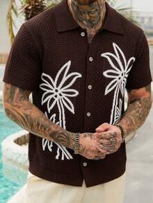 VENTUSAIL Men's Palm Tree Pattern Short Sleeve Single-Breasted Knit Cardigan - Coffee Brown - View 4