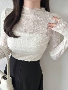 FRIFUL 女款波浪荷葉邊條紋鬆身對比色邊短袖T恤，夏季休閒上衣 - 米色 - 查看 4