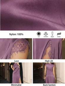 Maija 2026 Damen Spitzen-Patchwork Kleid mit Flügelärmel, rundem Ausschnitt und hohem Schlitz, geeignet für Herbst/Winter Partys - Violett - Übersicht 5
