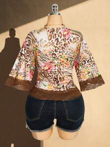 SHEIN ICON Plus Size Y2K Vintage Sexy Leopard Print V-Neck Lace Patchwork Flare Sleeve Top - Brown - View 2