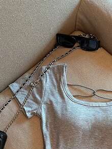 EMERY ROSE Hollow Out Back Padded Short Sleeve T-Shirt - Grey - View 5