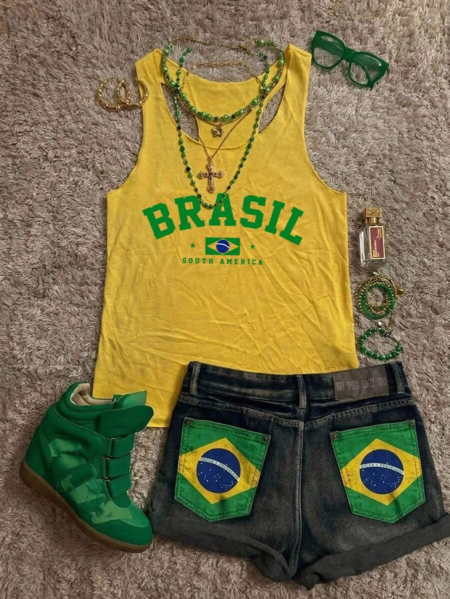 Attitoon 休閒極簡風黃色底綠色 Brazil 字樣印花女款休閒背心,適合夏季世界盃 - 薑色 - 查看 1