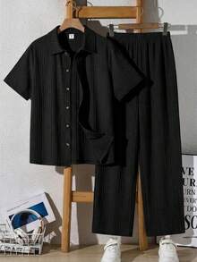SHEIN 2pcs Set Teen Boy Casual Versatile Comfortable Wave Stripe Lapel Open-Collar Short-Sleeved Shirt - Black - View 1