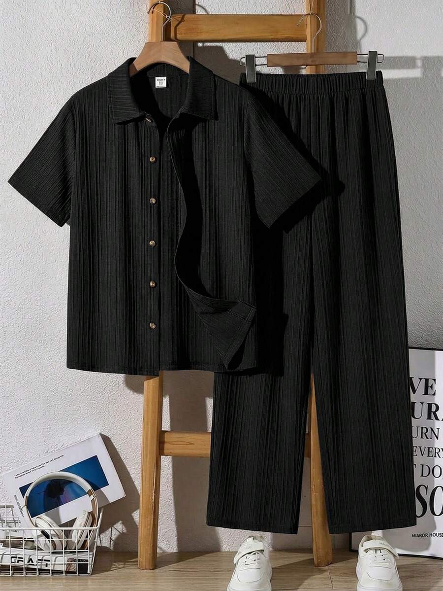 SHEIN 2pcs Set Teen Boy Casual Versatile Comfortable Wave Stripe Lapel Open-Collar Short-Sleeved Shirt - Black - View 1