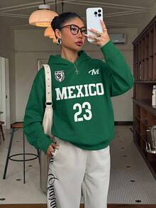 Muchica 墨西哥綠色印花 23-Jersey 世界盃圖案連帽衛衣-秋季；節慶、街頭、休閒、比賽日 - 墨綠色 - 查看 1