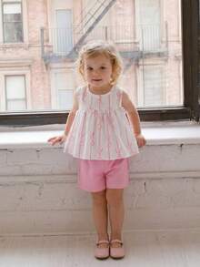 SHEIN Baby Girl Summer Round Neck Sleeveless Bow Print Top With Solid Color Elastic Waist Loose Shorts Sweet Cute 2pcs Set - Multicolor - View 4