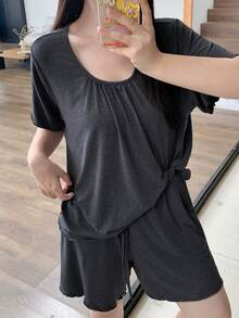 Dazy Plus 夏季寬鬆休閒睡褲短褲套裝，抽褶設計與波浪下擺 - 深灰色 - 查看 1