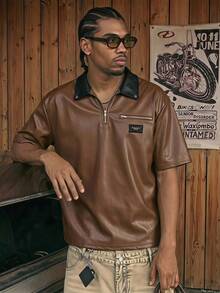 CalleClaro Men's Summer Fashion Contrast Collar Polo Shirt - Brown - View 1