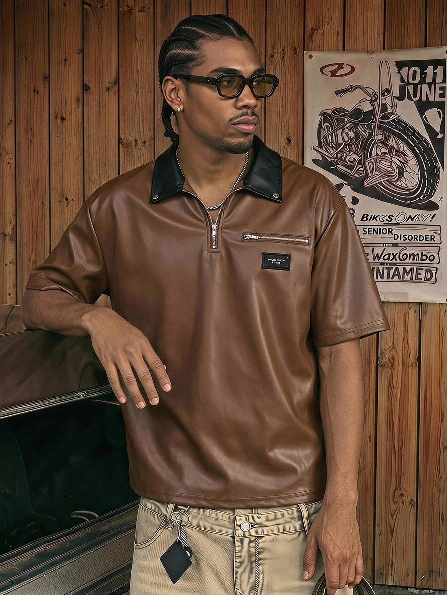 CalleClaro Men's Summer Fashion Contrast Collar Polo Shirt - Brown - View 1