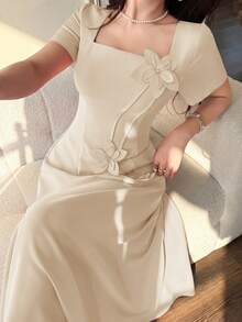 Feyla Women's 3D Floral Decor Fashion Elegant Romantic Date Brunch Dinner Date Mother Of The Bride Party Dress Beige Summer - Apricot - View 3