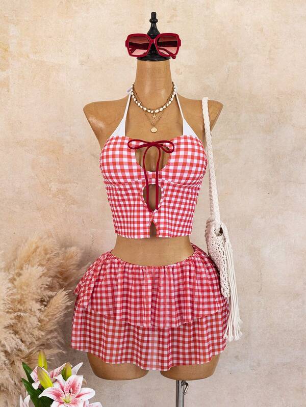 Bonvoyette Conjunto 2 en 1 de estampado a rayas bicolor aleatorio, conjunto de playa primavera verano, falda con lazo tipo pastel, top camisola, conjunto de bikini