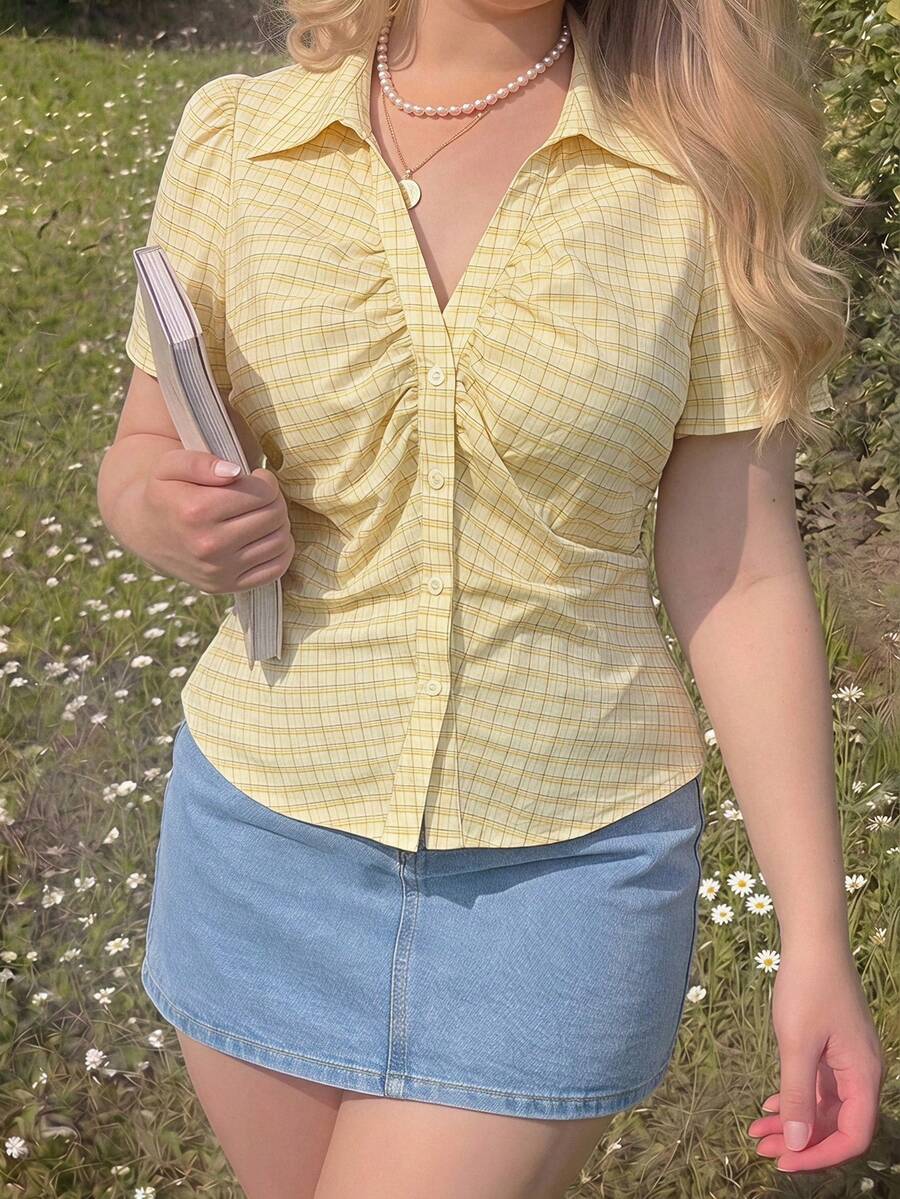 SHEIN MOD Plus Size Women's Short Sleeve Yellow Plaid Shirt, Summer,Festival ,Going Out,Work Outfits,Tummy Control,Check Shirt - Yellow - View 1