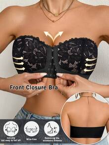 DesireSculpt Women's Black Lace Front Closure Push-Up Bra, 1pc - Black - View 1