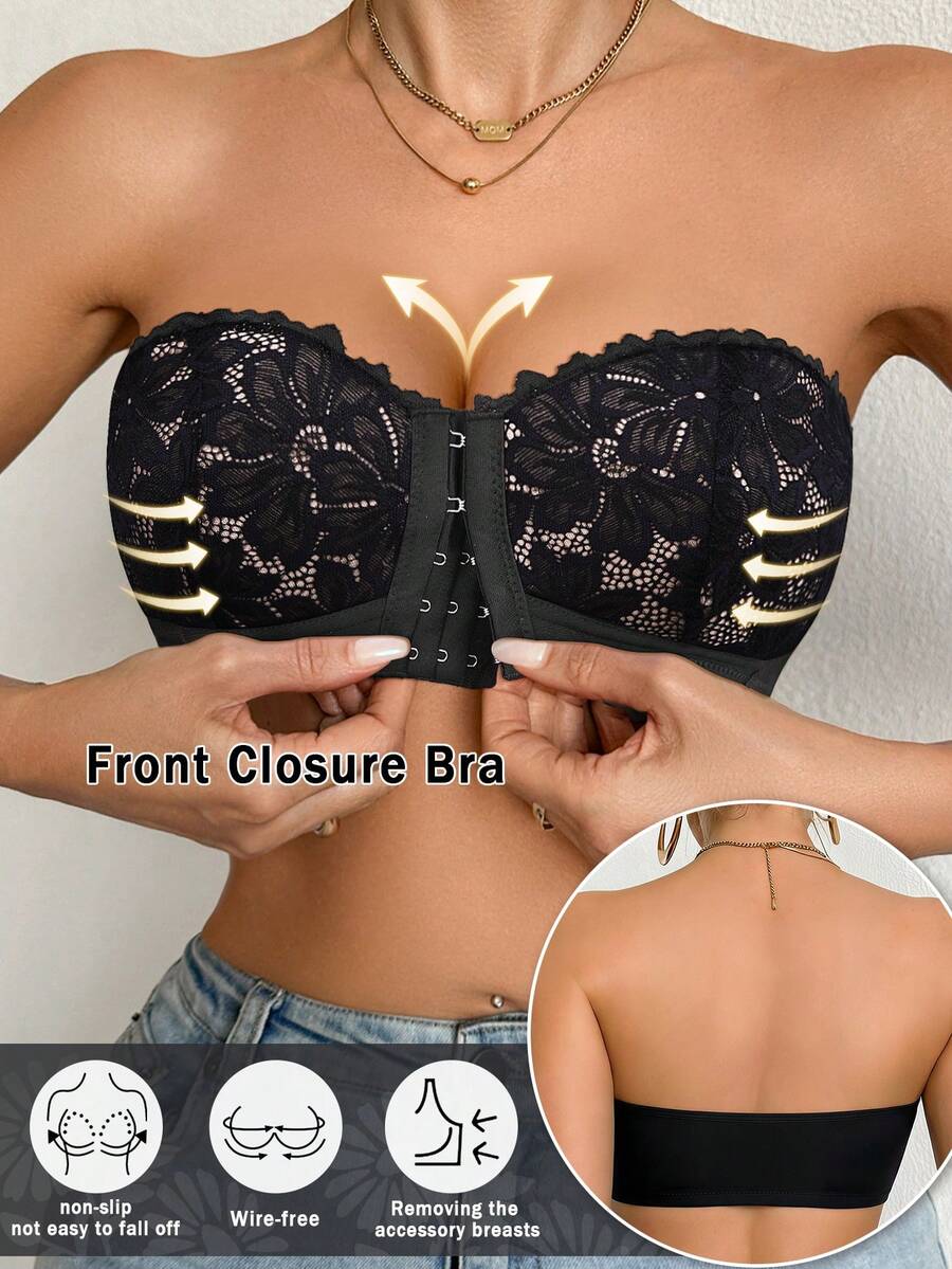 DesireSculpt Women's Black Lace Front Closure Push-Up Bra, 1pc - Black - View 1