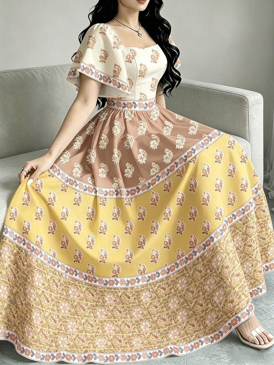 Modelyn 花卉印花時尚方領短袖中長洋裝,收腰中長裙,酒紅色花卉圖案洋裝 - 彩色 - 查看 1