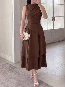 Feyla Damen einfarbiges plissiertes Stehkragen elegantes ärmelloses Midi-Kleid - Kaffeebraun - Übersicht 5