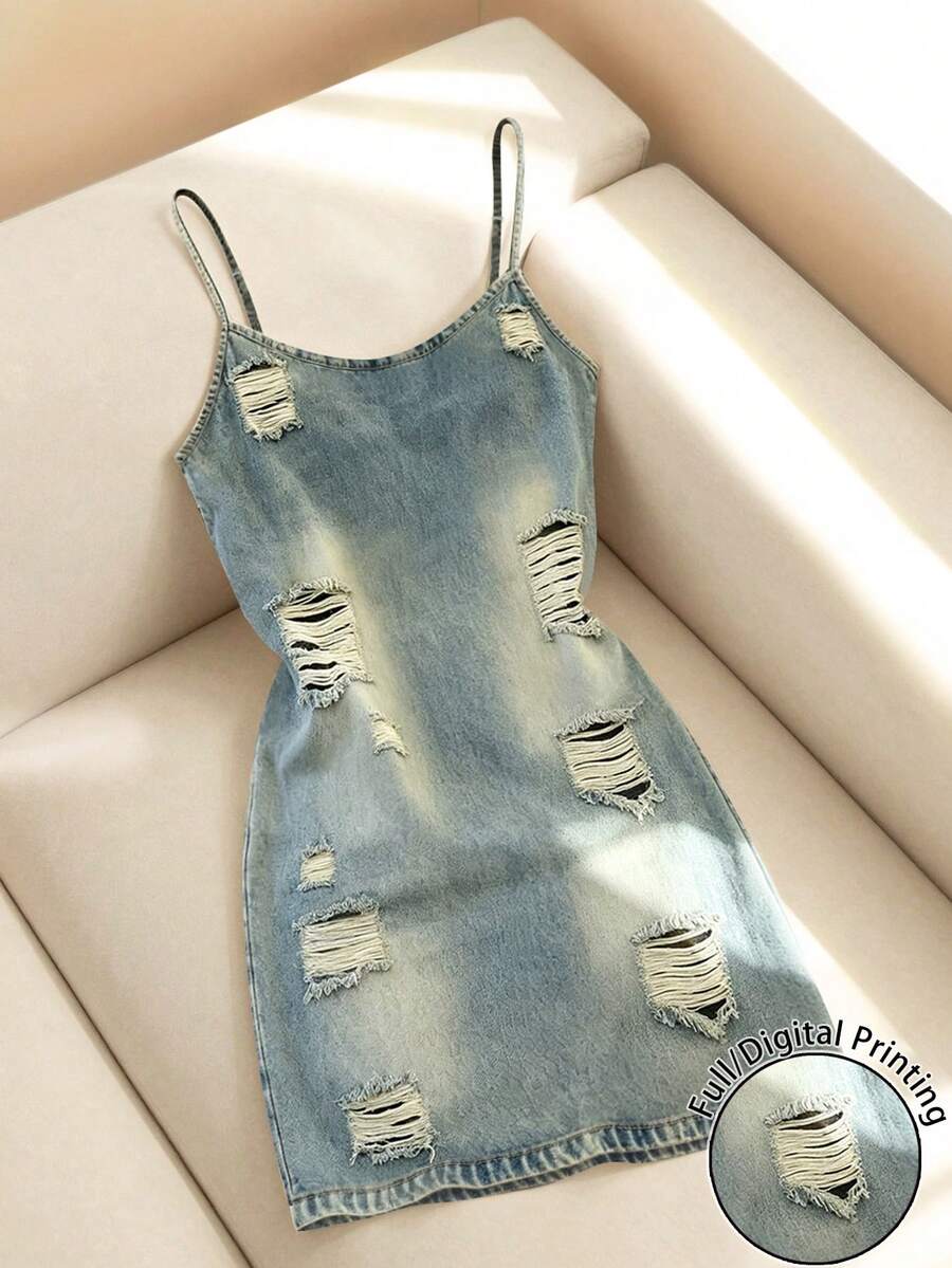 SHEIN 大尺碼女款破舊設計休閒約會派對細肩帶洋裝 - 彩色 - 查看 1