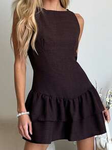 Brooke Lily Vintage Romantic Elegant Playful Cute Sweet Boho Music Festival Vacation Date Commute Work Sleeveless A-Line Double-Layer Ruffle Mini Dress, Spring/Summer/Autumn/Winter - Coffee - View 5