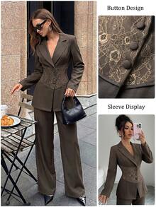 Modelyn Spring/Summer Gentle Commute Elegant Fashion Elegant Lace Patchwork Versatile Slimming Women's Suit Set - Coffee Brown - View 9
