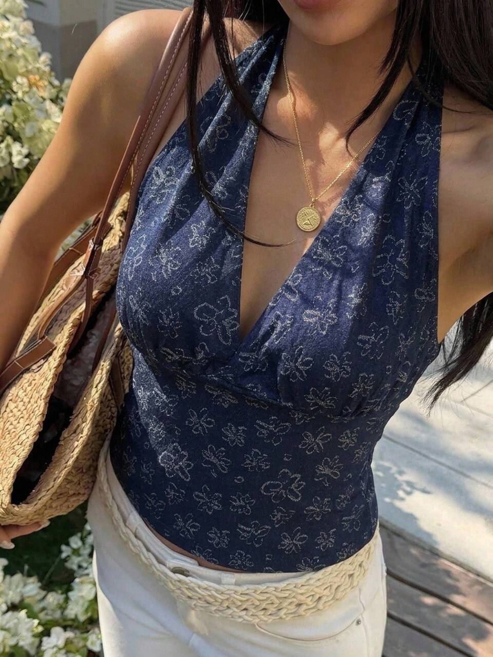 Women's Chic Blue Floral Print Sleeveless Crop Top, Backless Spaghetti Strap,Summer Casual Beach Vacation,Night Out Music Festival Y2k Style
