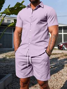 Manfinity Homme Men's Solid Color Single-Breasted Short Sleeve T-Shirt And Shorts Casual Daily Outfit - Mauve Purple - View 4