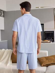 CoupledUp Cute Solid Color Casual Woven Striped Square Neck Short Sleeve Button-Up Shorts Men's Loungewear Set - Blue - View 3