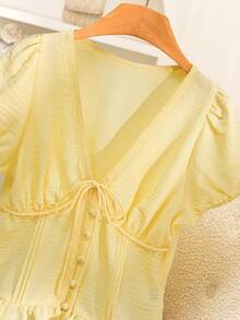 Story & Sage Casual Vacation Women's Blouse, Spring/Summer Fitted Lace Patchwork Tie Bow Short Sleeve Shirt In Pale Yellow - Pale Yellow - View 5