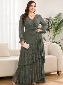 SHEIN Clasi 新款大尺碼女款時尚印花荷葉波浪下擺高彈性收腰修身長洋裝，秋季洋裝，百褶洋裝，花卉洋裝 - 軍綠色 - 查看 8