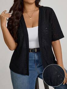 Comfylo Plus Size Women's Solid Color Casual Versatile Daily Wear Short Sleeve Cardigan - Black - View 1