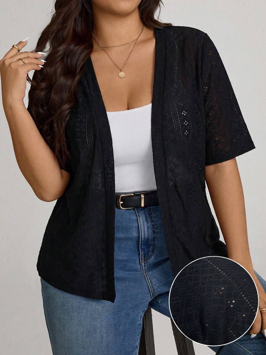 Comfylo Plus Size Women's Solid Color Casual Versatile Daily Wear Short Sleeve Cardigan - Black - View 1