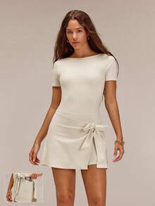 GLOWMODE FeatherFit™-Air Twist & Glow UPF50+ Sweat-Wicking Boatneck Waist Tie Dress With Built-In Shorts Removable Cups Studio Pilates Tennis Golf Daily Wear - White - View 1