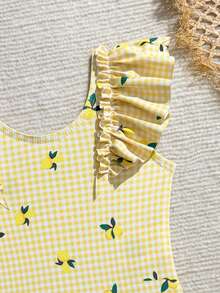 Souflis Souflis Baby Girl Lemon Plaid Print One-Piece Swimsuit With Ruffle Shoulder Design, Cute For Vacation, Beach, Summer Swimming, Party, Gathering, Pool - Multicolor - View 3