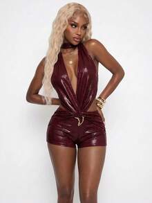 Amplova Women's Tight Burgundy Jumpsuit Backless Deep V-Neck Waist Cutout Snake Skin Pattern Stretchy Summer Club Night Out Night Rave Avant-Garde Sexy - Burgundy - View 1
