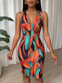 SHEIN Summer Tropical Print Halter Bodycon Mini Dress, Deep V Ruched Waistband,Sleeveless Backless Short Gown For Club And Party Music Festival Sexy Outfits - Multicolor - View 5