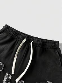 ROMWE MEN Street Life Men's Drawstring Waist Letter Patchwork Casual Versatile Daily Travel Shorts - Black - View 4