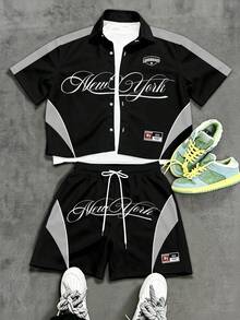 Manfinity EMRG Men's Colorblock Letter Print Short Shirt & Shorts Set - Multicolor - View 1
