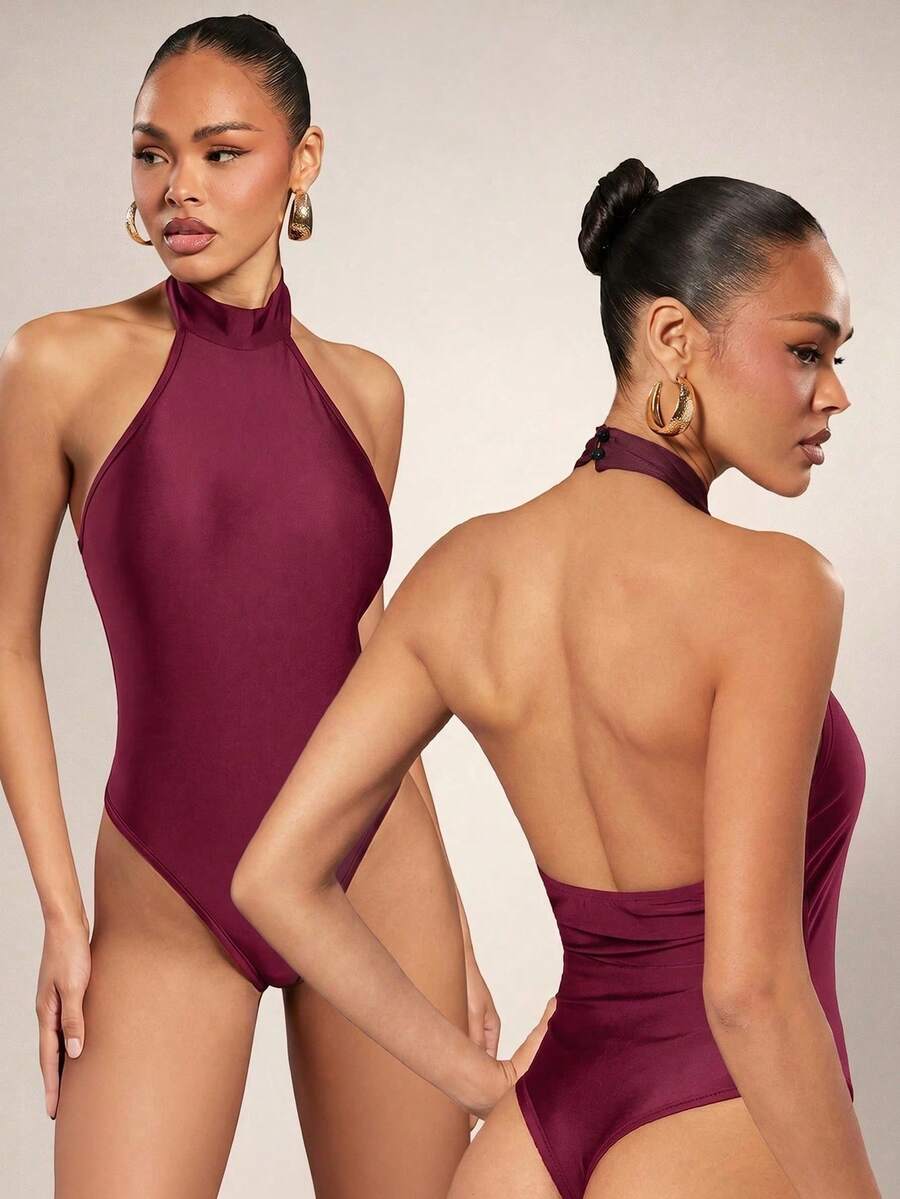 Hauture Women's Solid Color Halter Neck Slim Fit Fashion Bodysuit - Red Violet - View 1