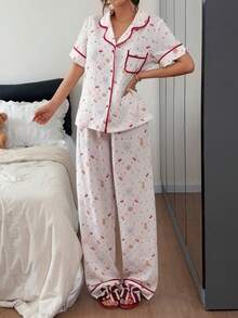 Napfluff Fashionable Women's Long Sleeve Long Pants Pajama Set With Printed Pattern - Beige - View 6