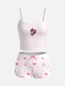 Sweetina THE POWERPUFF GIRLS X SHEIN 女款粉色圖案細肩帶短褲兩件套－可愛休閒街頭風，西部節慶穿搭，適合居家、開學季，復古 Y2K Soft Girl/Clean Girl 風格 - 彩色 - 查看 2