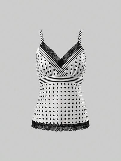 Qadelle Elegant Sexy Fitted Waist V-Neck Lace Trim & Striped Patchwork Polka Dot Women's Spring/Summer Apricot Camisole