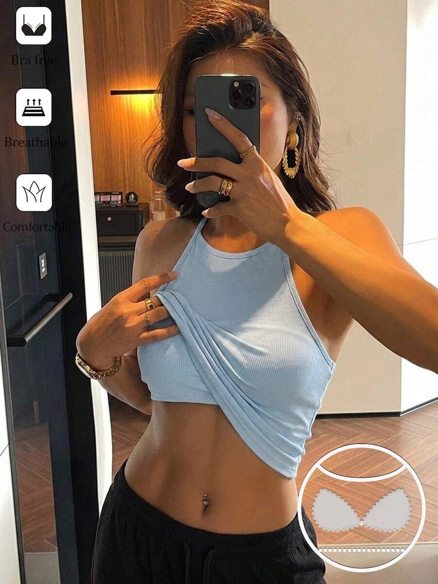 DAZY Camiseta de tirantes sin mangas con relleno integrado de punto rojo, ajustada y corta, capa interior de base para mujer - Celeste - Ver 1